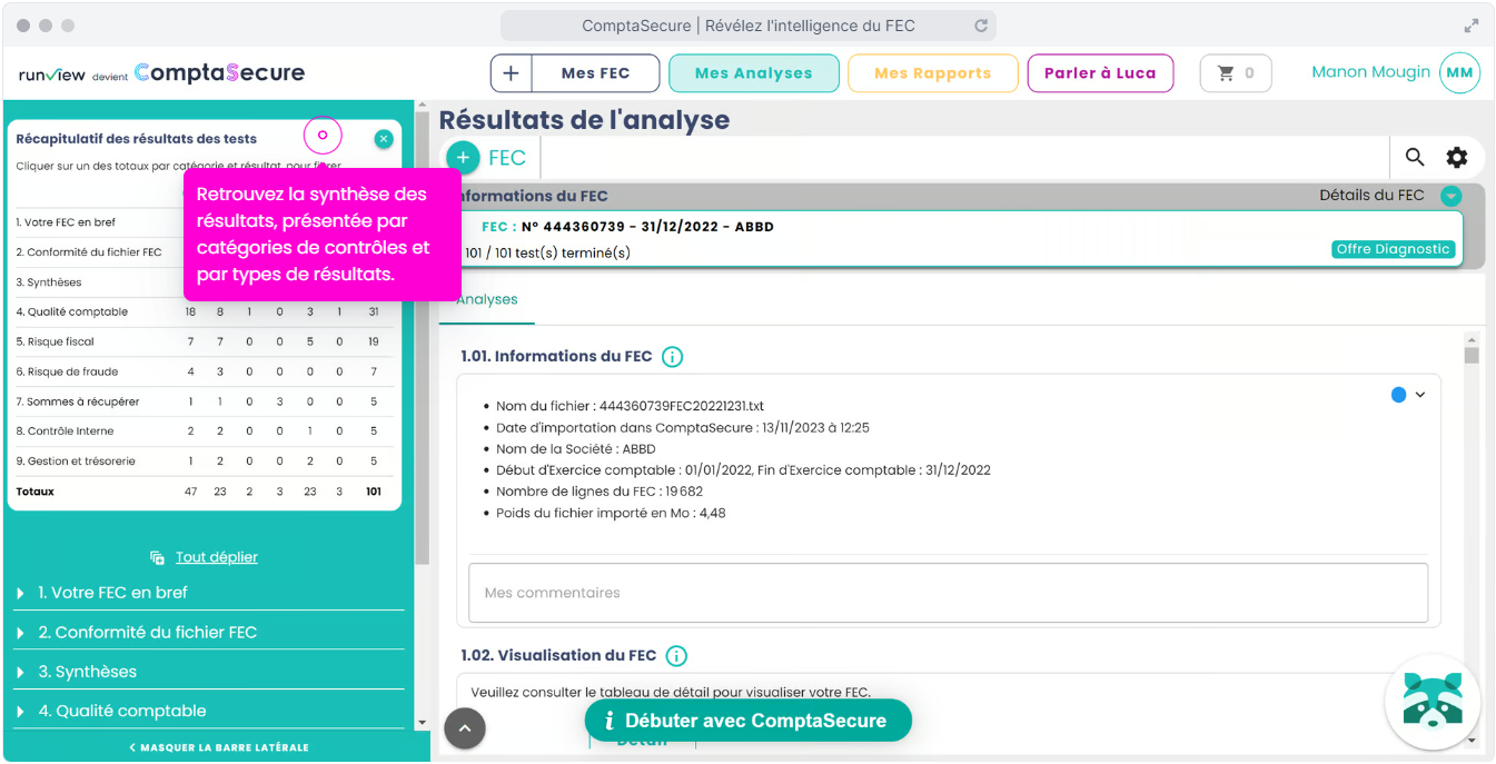 ComptaSecure - Retrouvez la synthèse des résultats, présentée par catégories de contrôles et par types de résultats.