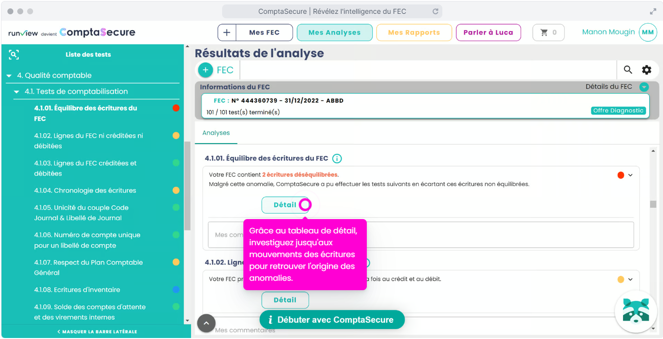 ComptaSecure - Grâce au tableau de détail, investiguez jusqu'aux mouvements des écritures pour retrouver l'origine des anomalies.