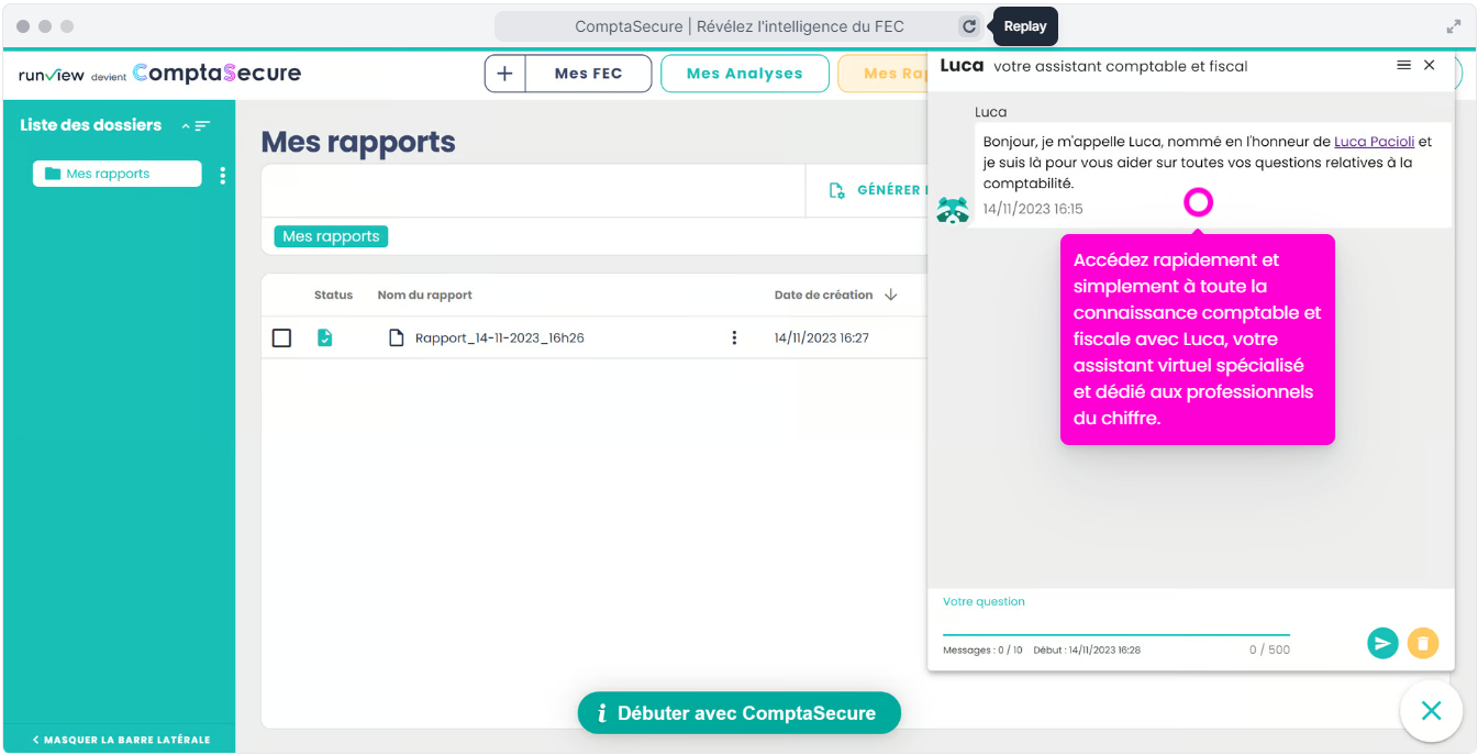 ComptaSecure - Accédez rapidement et simplement à toute la connaissance comptable et fiscale avec Luca, votre assistant virtuel spécialisé et dédié aux professionnels du chiffre.