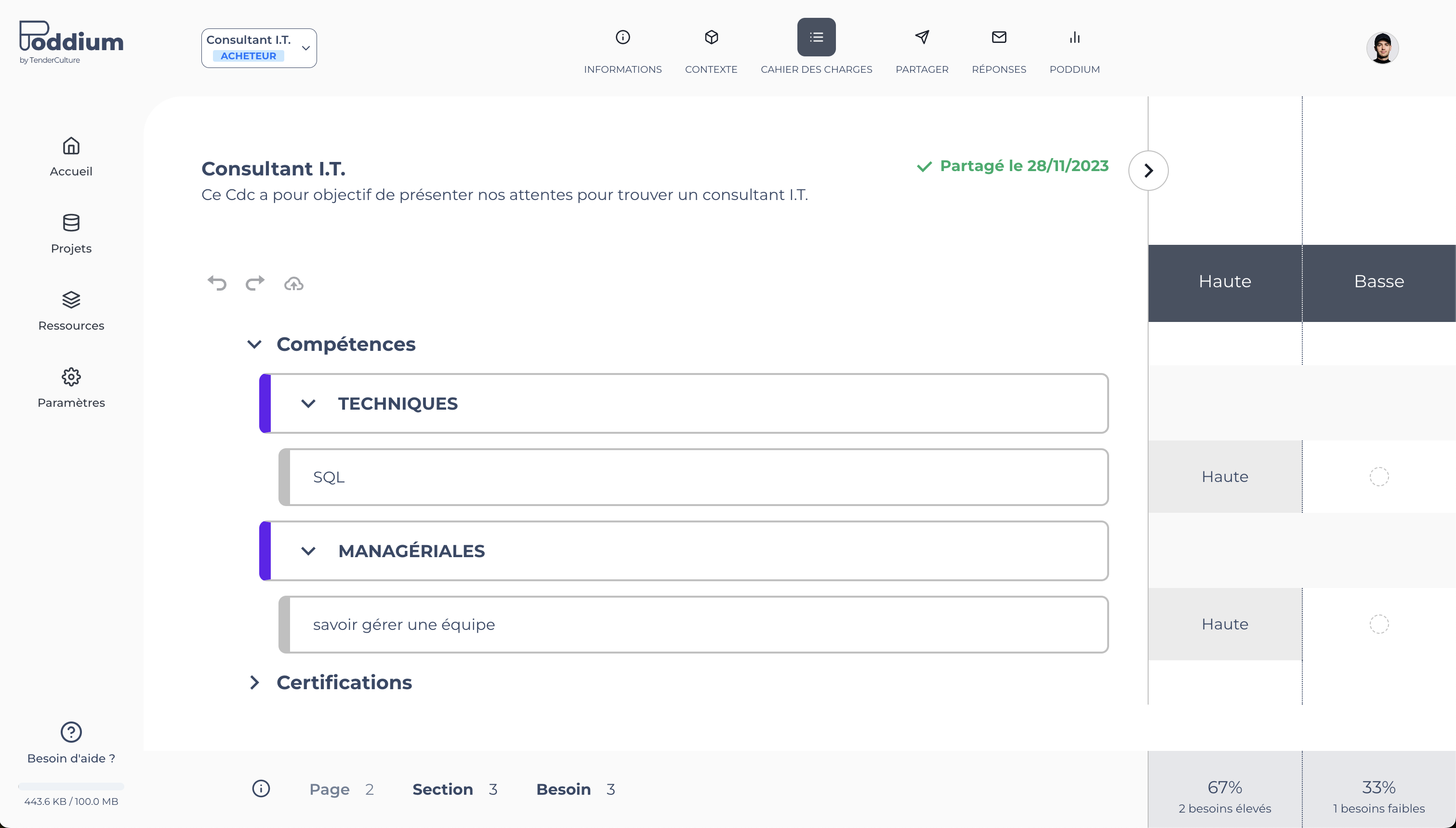 Poddium - Espace de rédaction du cahier des charges