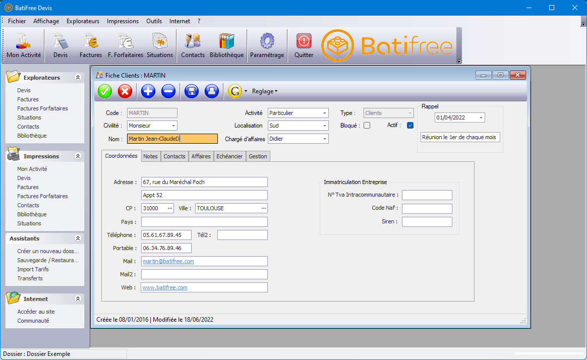 Batifree - Gestion de la fiche client dans le module contacts