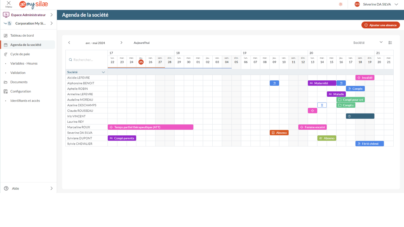 My Silae - Espace vue administrateur qui donne accès à l'agenda de la société