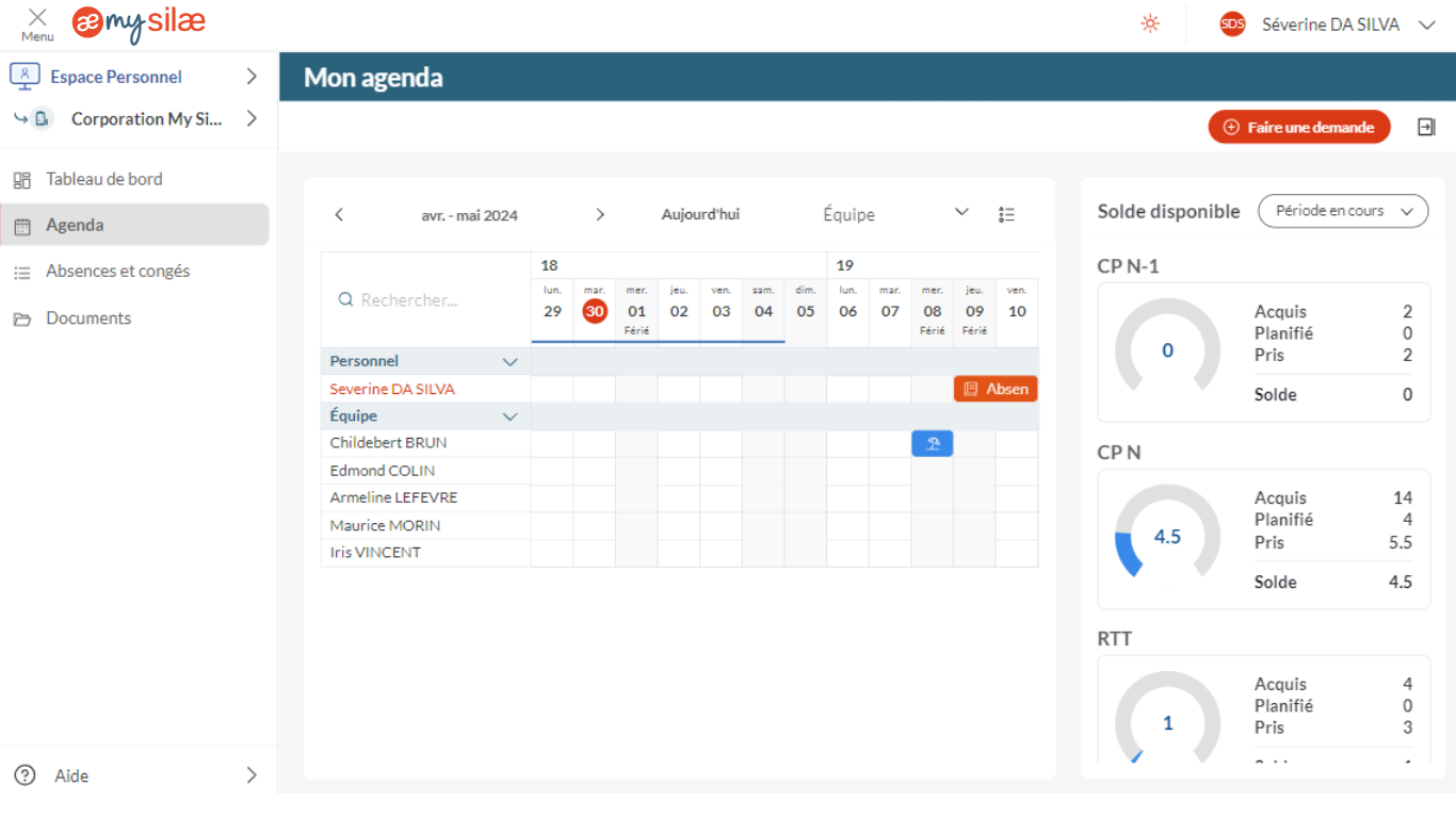 My Silae - La vue Agenda d'équipe pour planifier ses absences