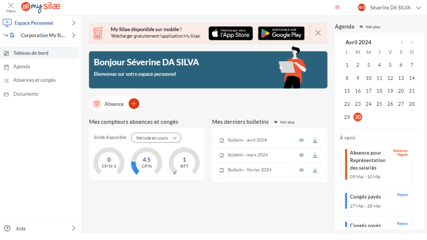 My Silae - La vue coté Espace salarié - Version WebApp