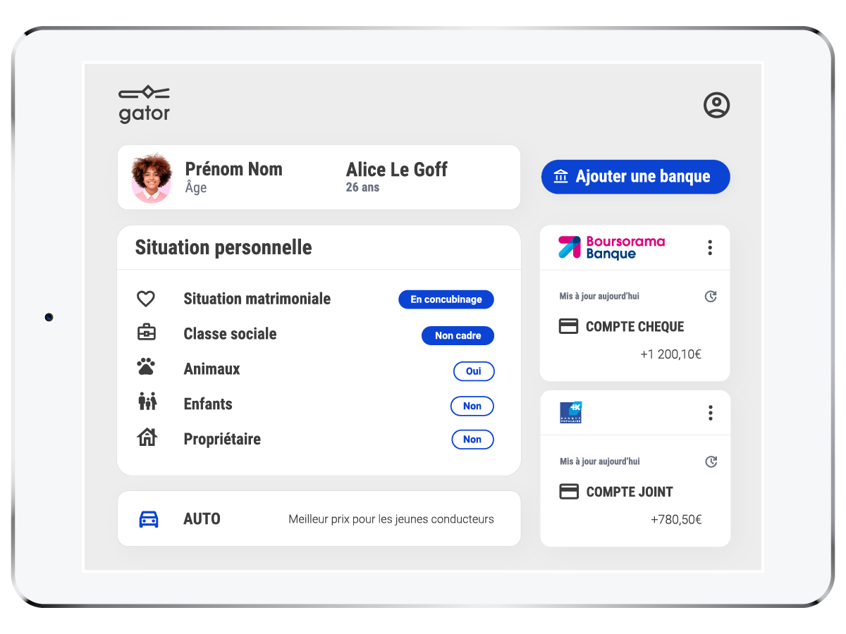 gator x WIDMEE - Qualifiez automatiquement le profil client à l’instant T et anticipez les changements de vie importants pour personnaliser vos offres, trouver de nouvelles occasions de communiquer et faciliter le cross-selling et l’up-selling.