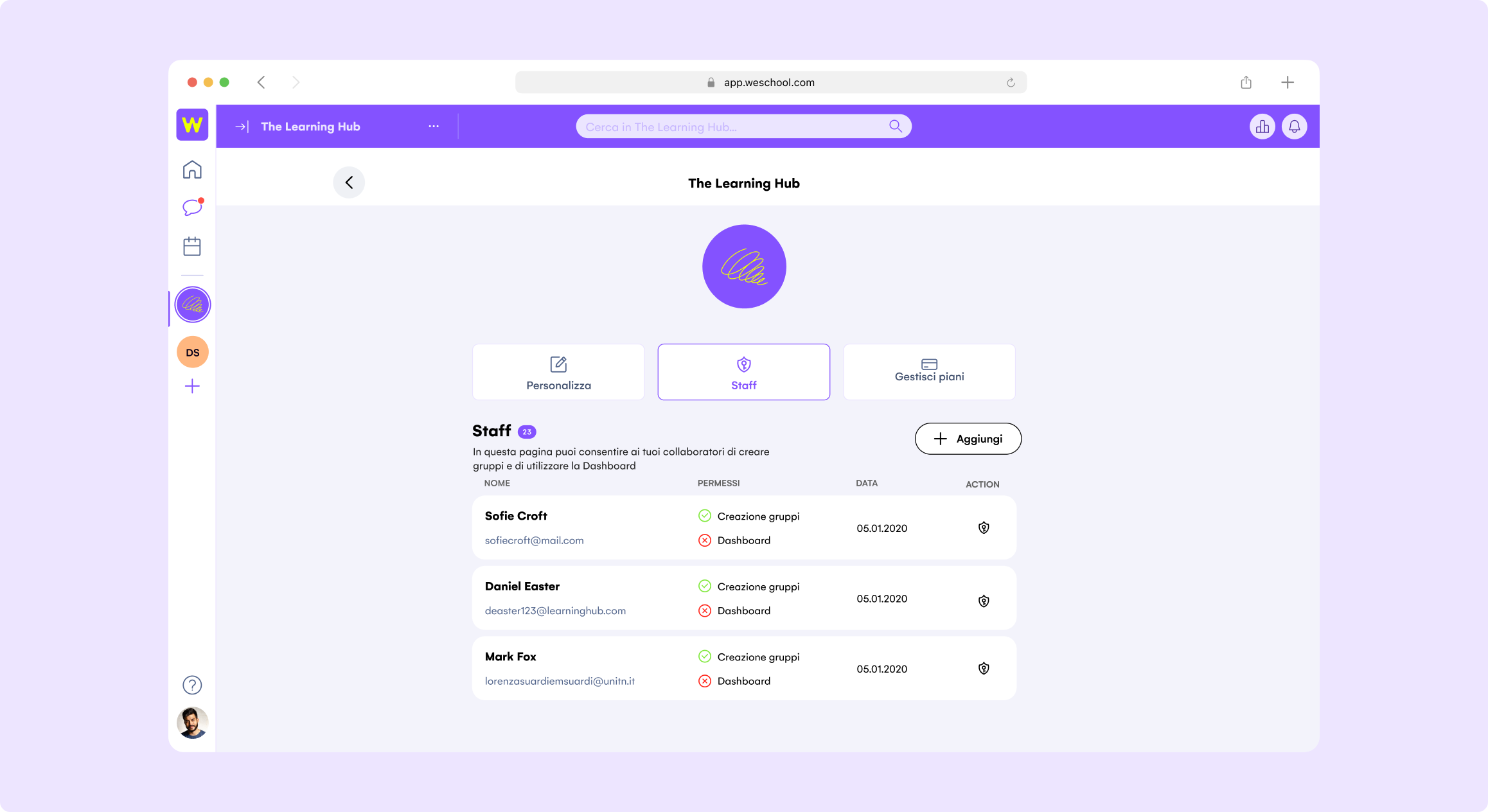 WeSchool - Management Dashboard: Gestisci tutti i tuoi Gruppi e utenti in un riquadro centralizzato per monitorare i tassi di partecipazione e le ore di formazione erogate.