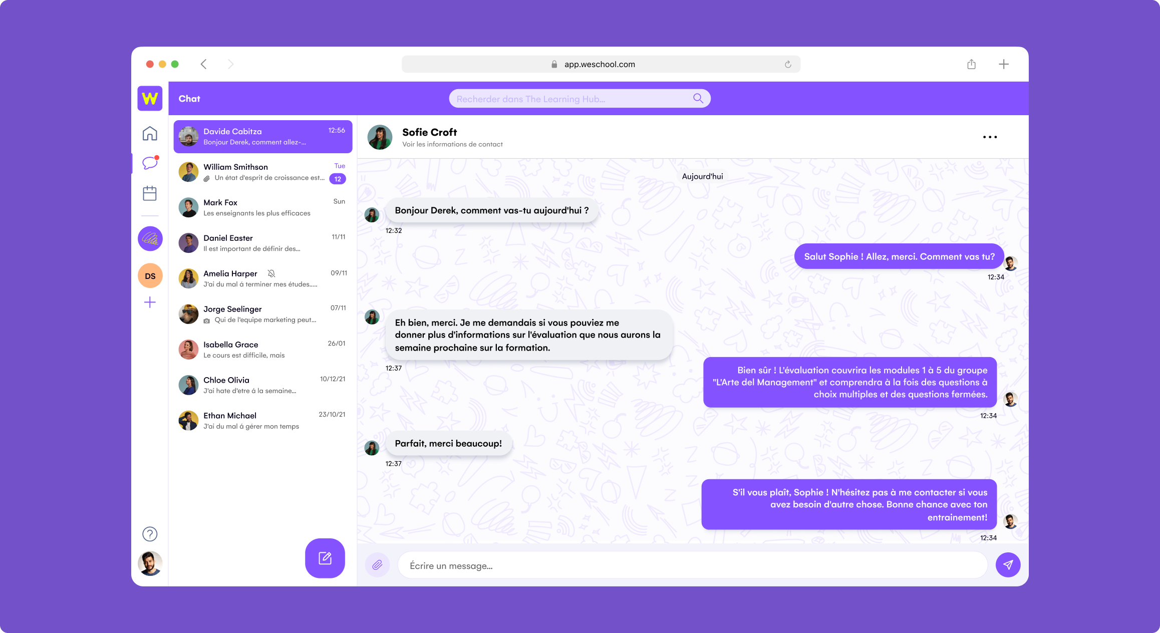 WeSchool - Chat: 
Démarrer des conversations privées avec les apprenants et faciliter les discussions entre eux.