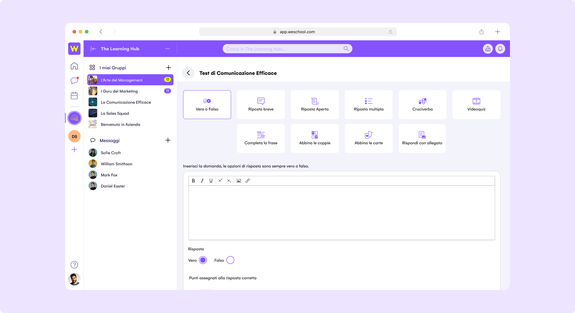 WeSchool - Test: Crea dei test coinvolgenti grazie alle 10 diverse tipologie di domande disponibili sulla piattaforma.