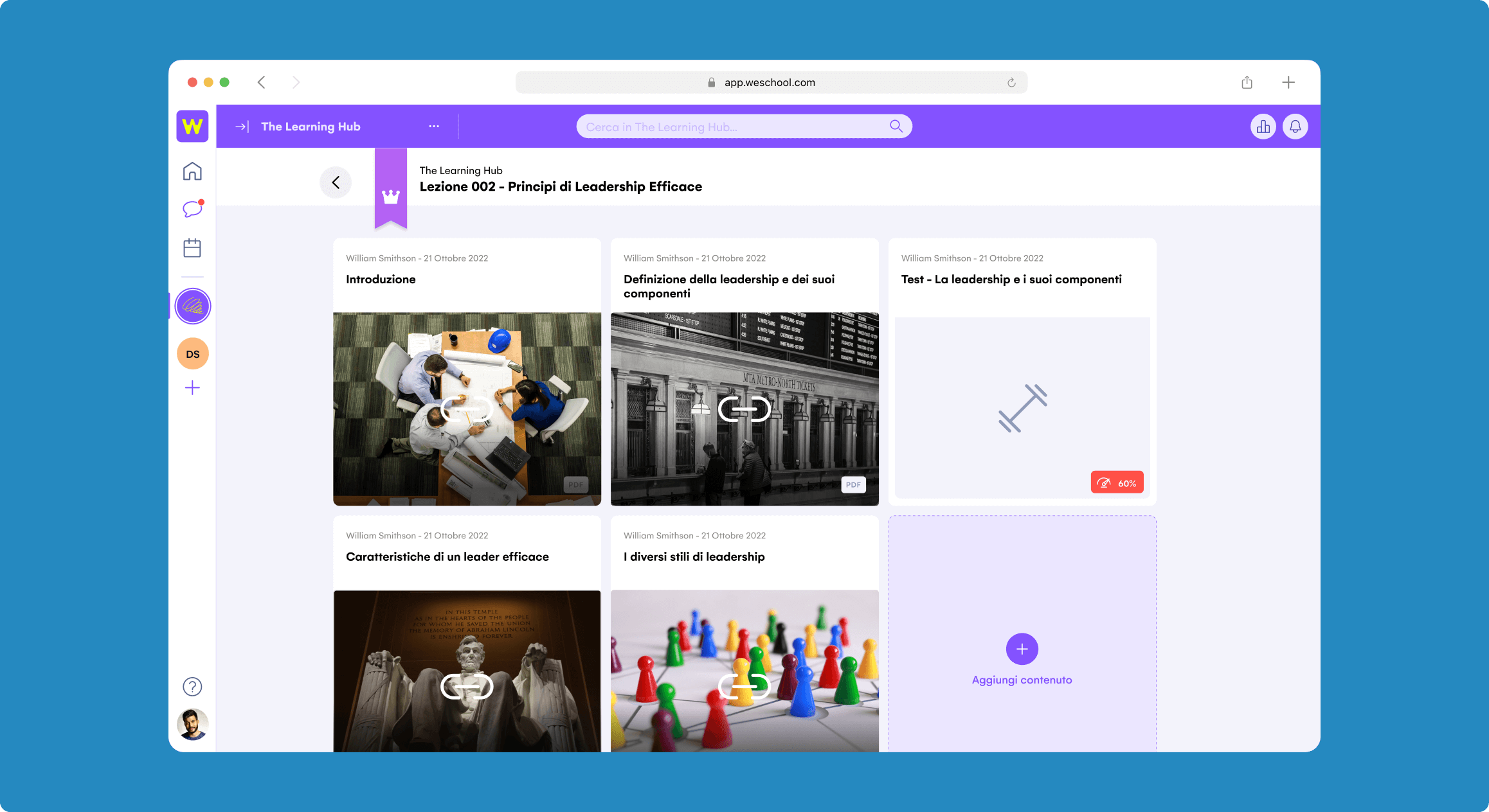 WeSchool - Contenuti integrati: Carica contenuti e risorse in qualsiasi formato. Da PDF, SCORM e documenti Microsoft, all'integrazione di contenuti web.