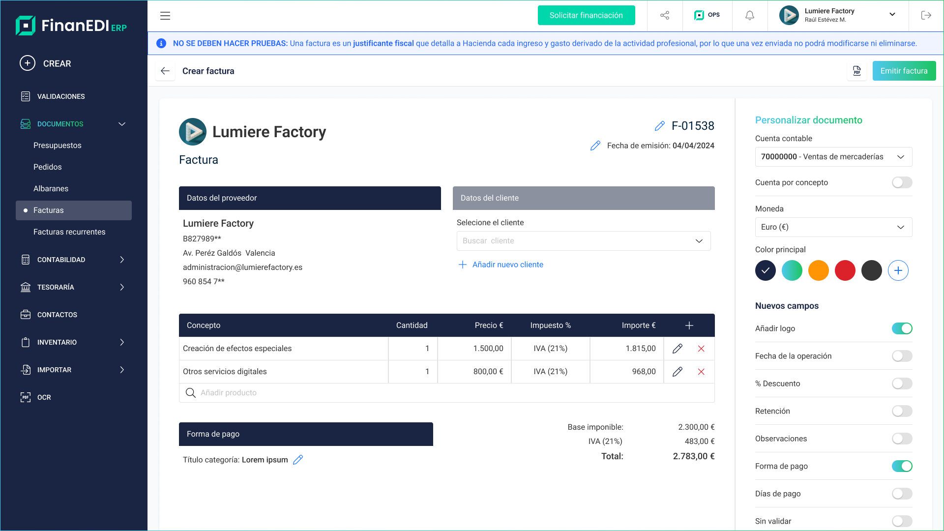 FinanEDI - Generación de facturas, incluyendo la opción de crear facturas recurrentes automáticamente.