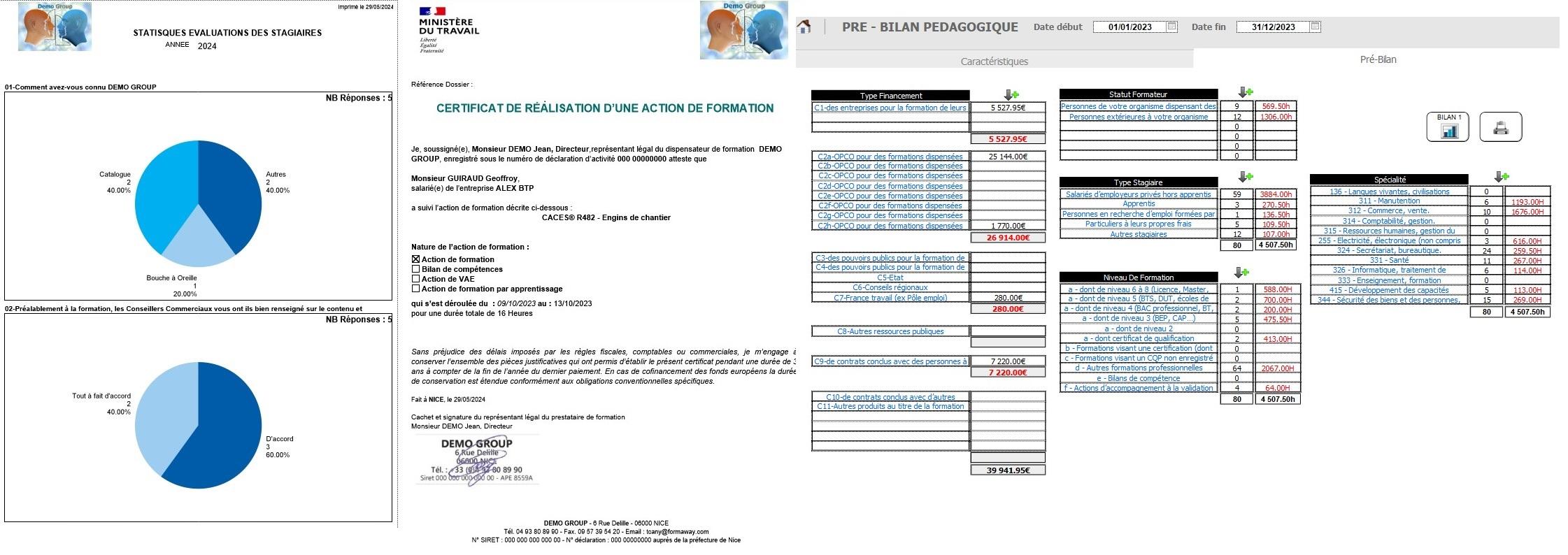 Formaway - Synthèse du Bilan Pédagogique et Financier, édition de graphiques statistiqueS et édition de modèle (certificat de réalisation,...)