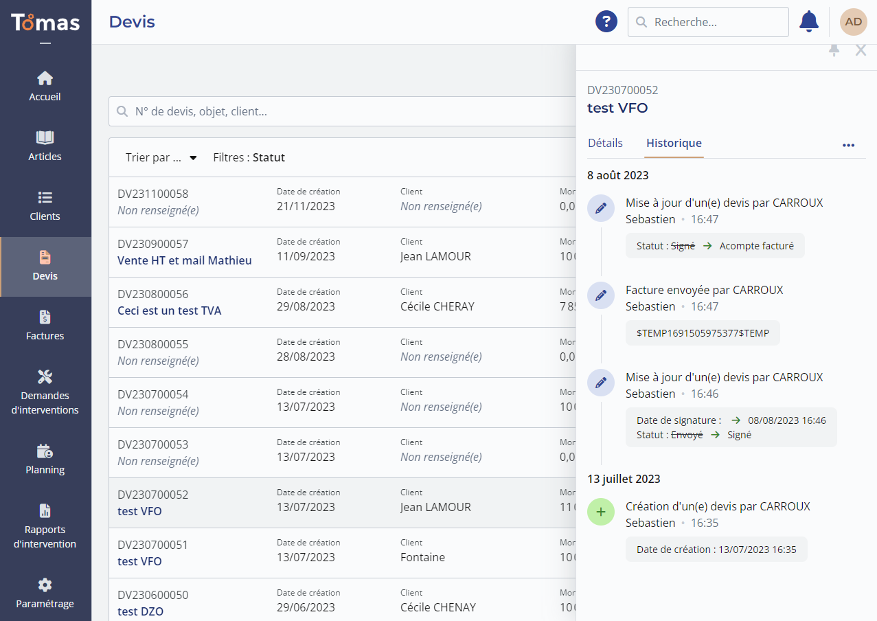 Tomas - Liste des devis avec historique