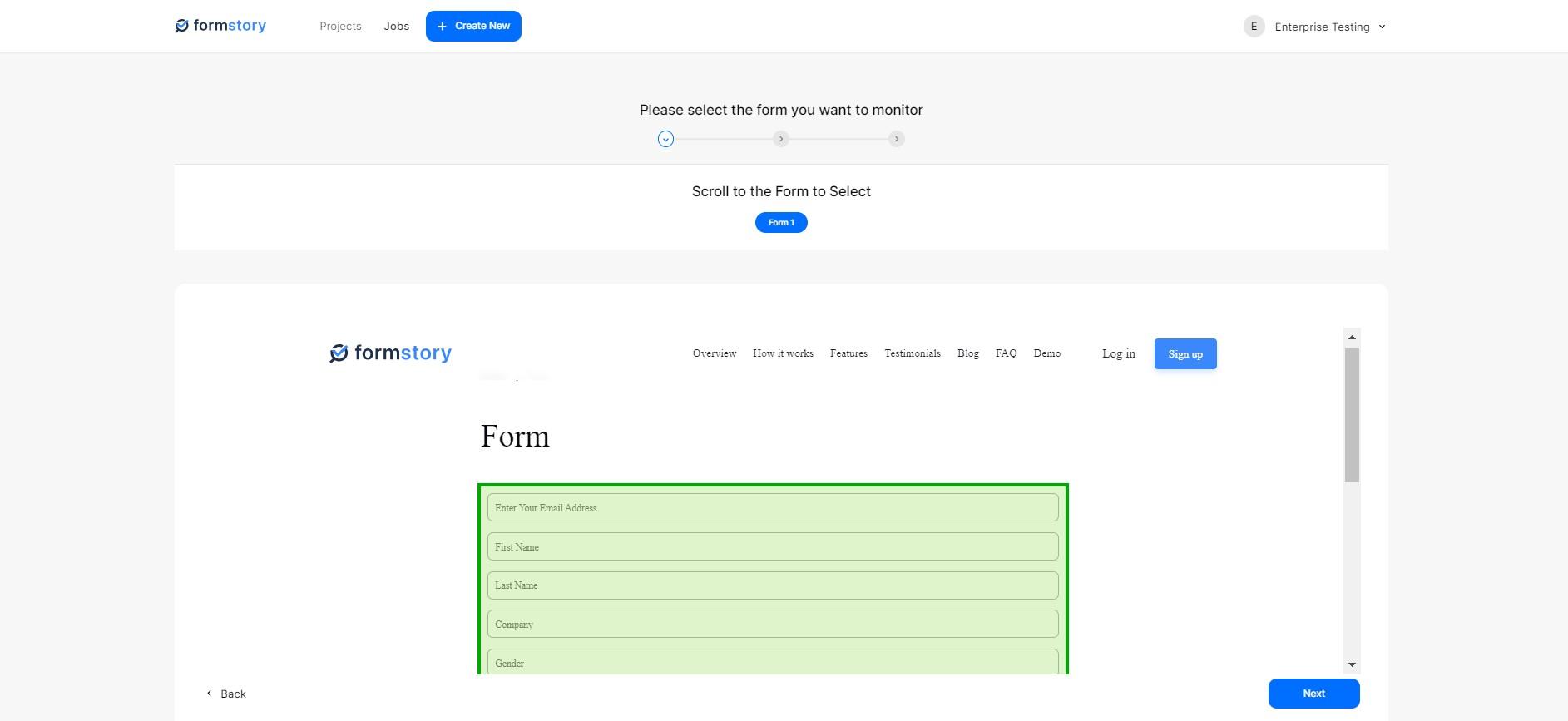 FormStory - Select the form that needs to be monitored