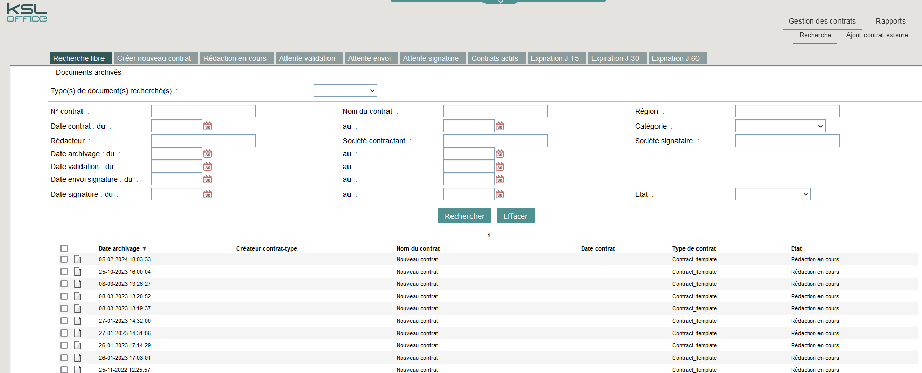 KSL Contract Manager - Search view for managing archived contracts and validation workflows