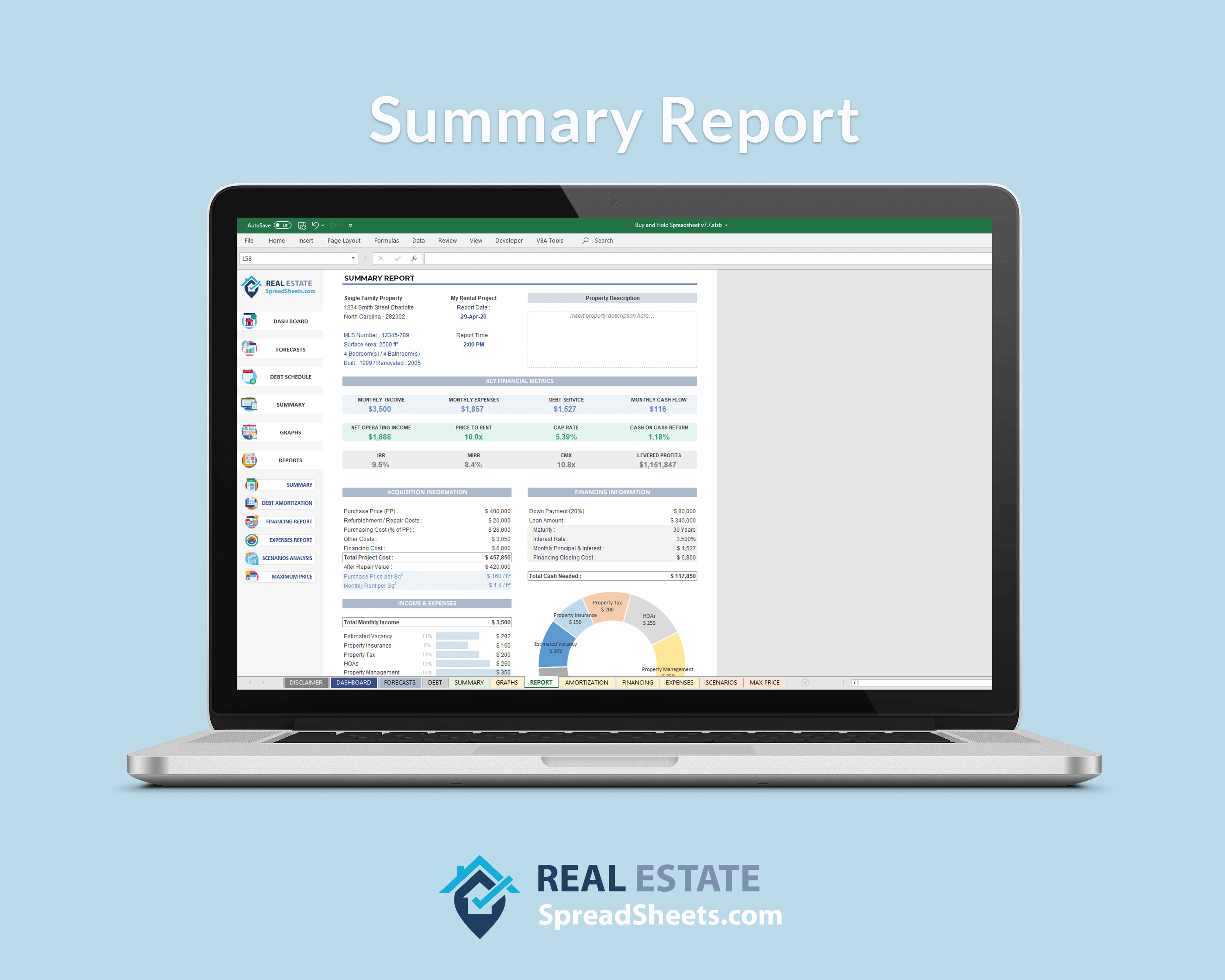 Rental Property Analysis - The spreadsheet includes 7 summary reports, easy to print and share with business partners, lenders and other investors