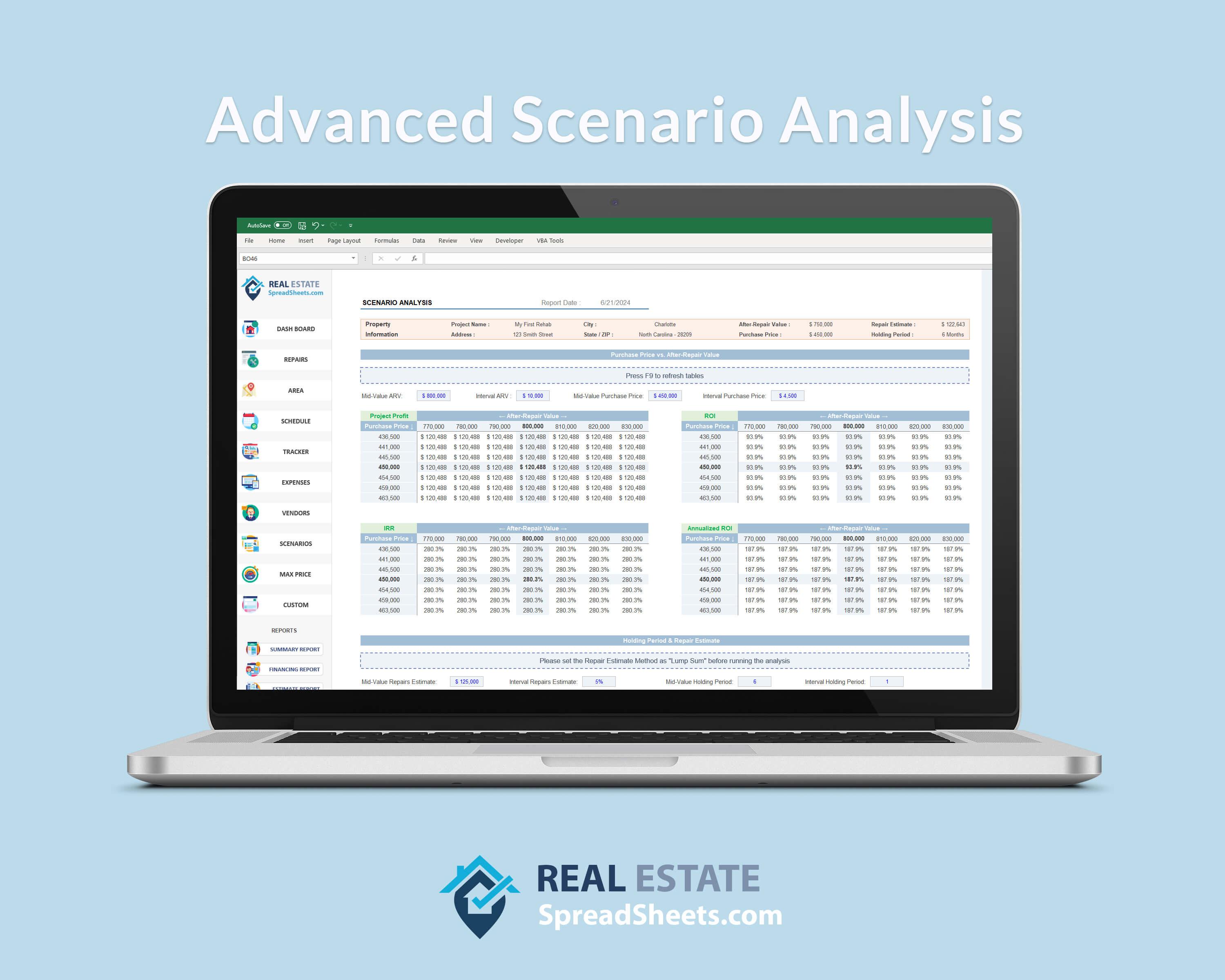 House Flipping & Rehab - Easily see how the profitability metrics of your house flip are impacted by changes in key assumptions, including Changes in Purchase Price & ARV, Delays & Length of Holding Period, Changes in Repair Costs & Overruns