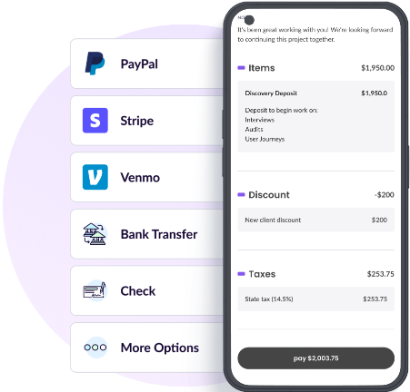 Wethos - Accepted Payment Methods: Easily add your preferred payment options like PayPal, Venmo, bank transfer, and more to give your client the flexibility to pay you in seconds.