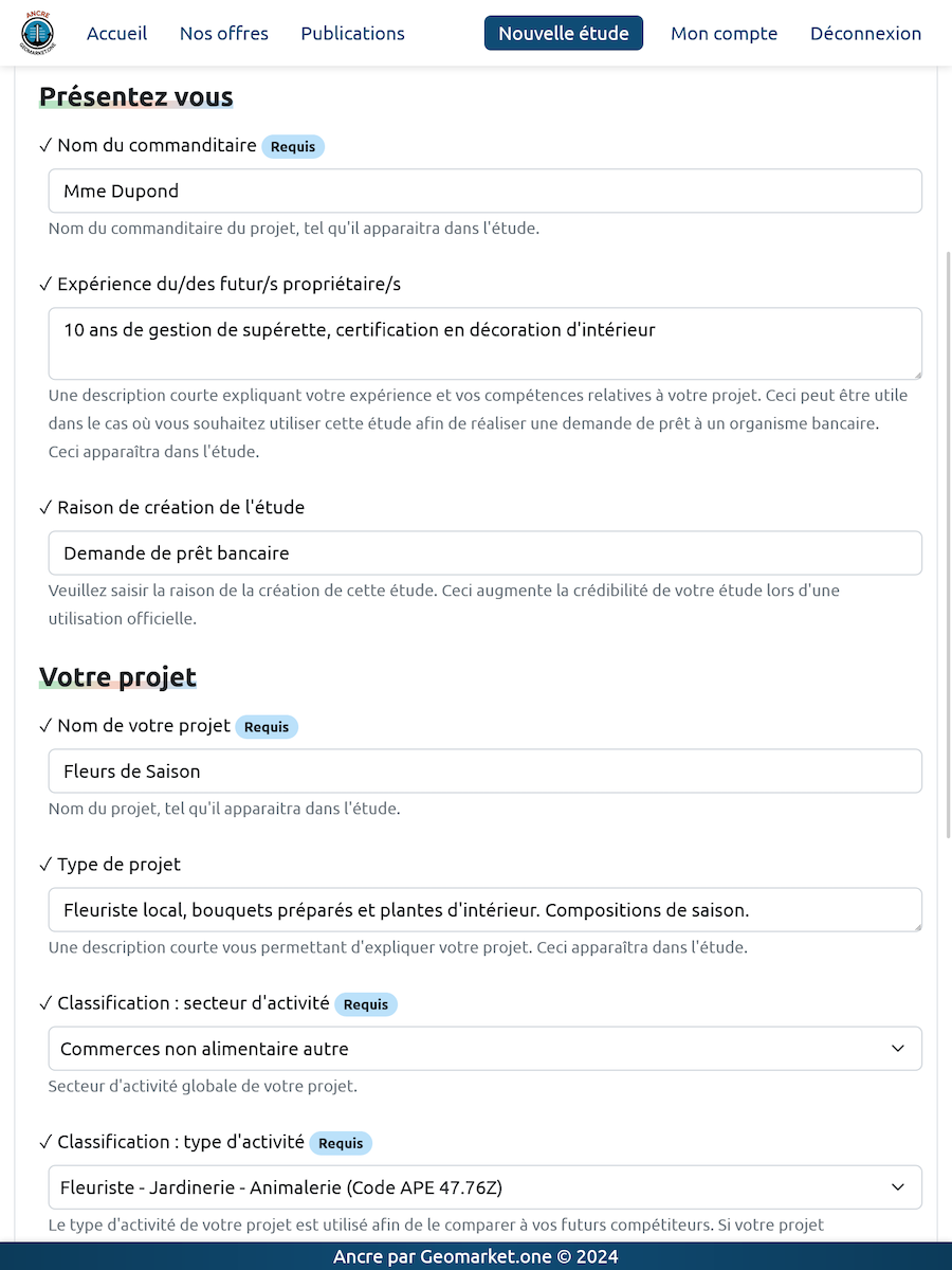 Ancre par Geomarket.one - Création d'une étude : définition du projet