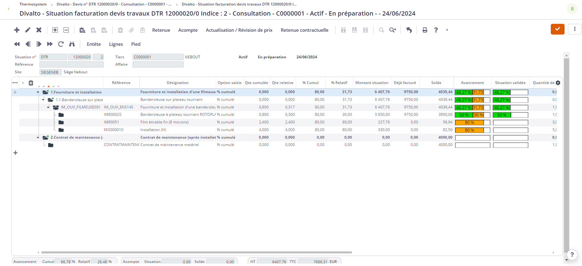 divalto field service - Vue d’une saisie de situation d’avancement pour ensuite établir la facture de situation d’avancement