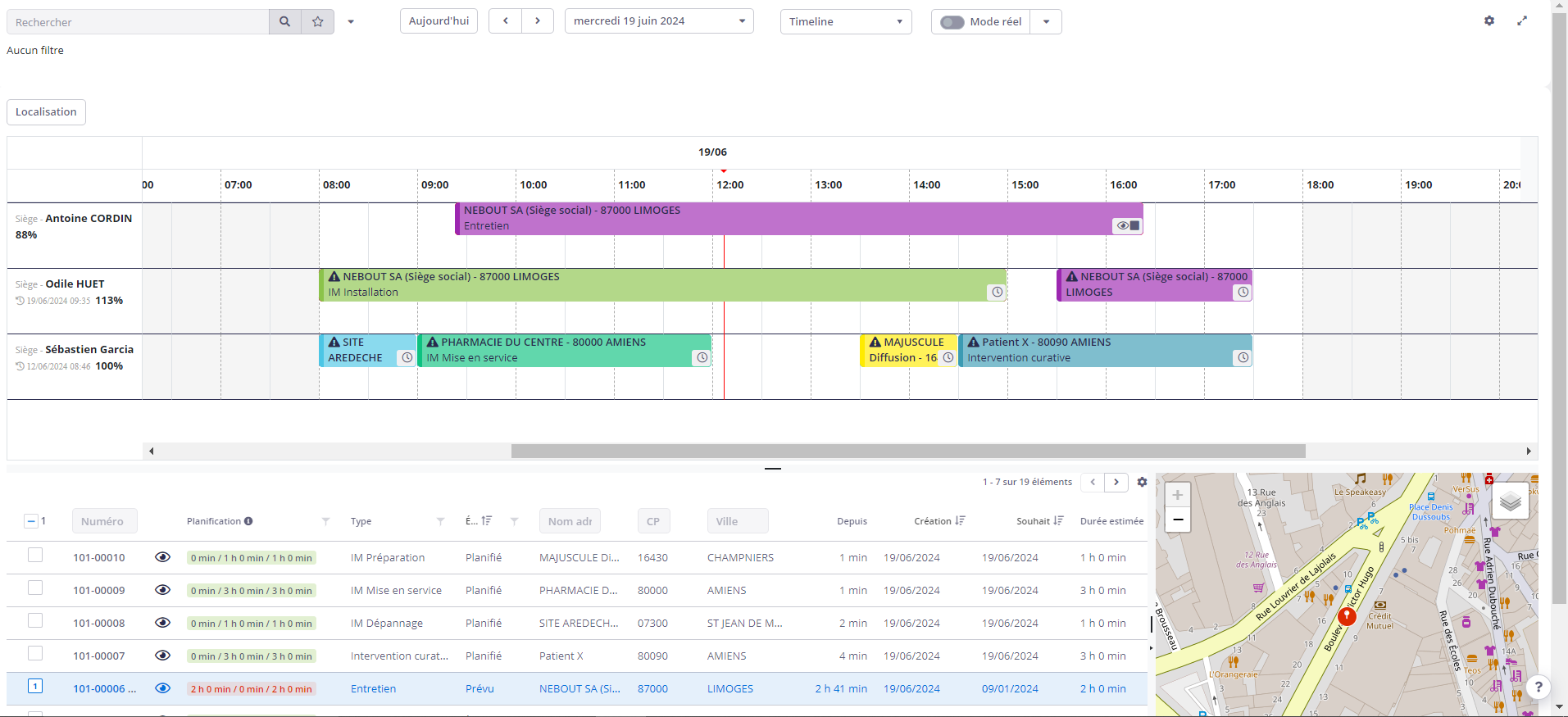 divalto field service - Vue d’une planification des interventions sur l’agenda des techniciens