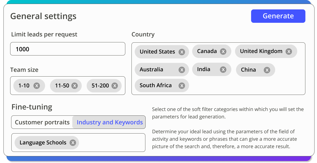 GetLeads - Comprehensive filters and portraits of current customers as a basis for search provide the most relevant prospecting using a smart AI algorithm via Google and Linkedin in real time.