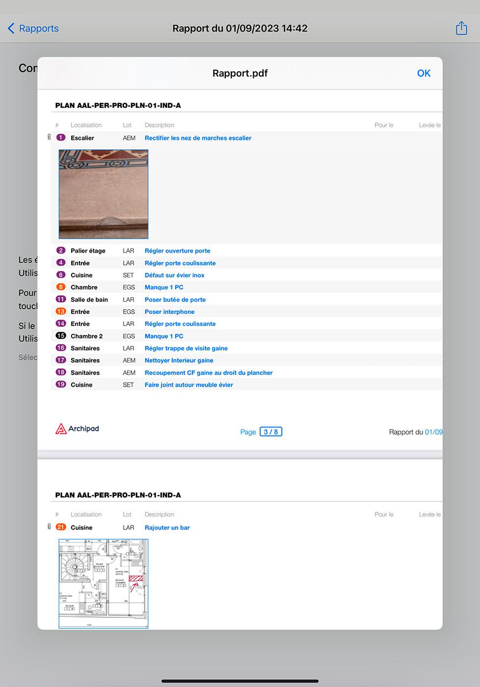Archipad - Vue sur la génération de rapport (iPad)