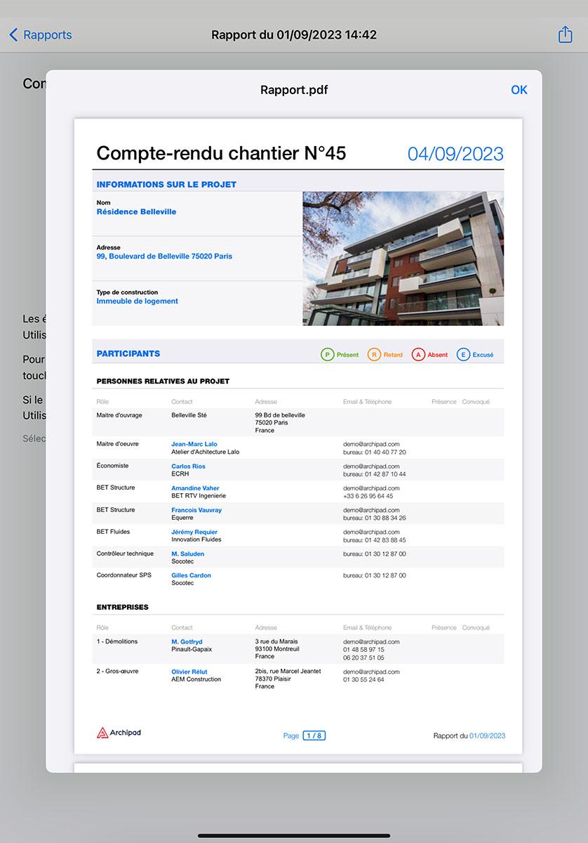 Archipad - Vue sur la génération de rapport (iPad)