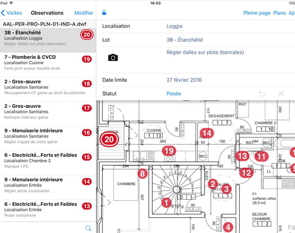 Archipad - Vue sur le plans et ses observations (iPad)