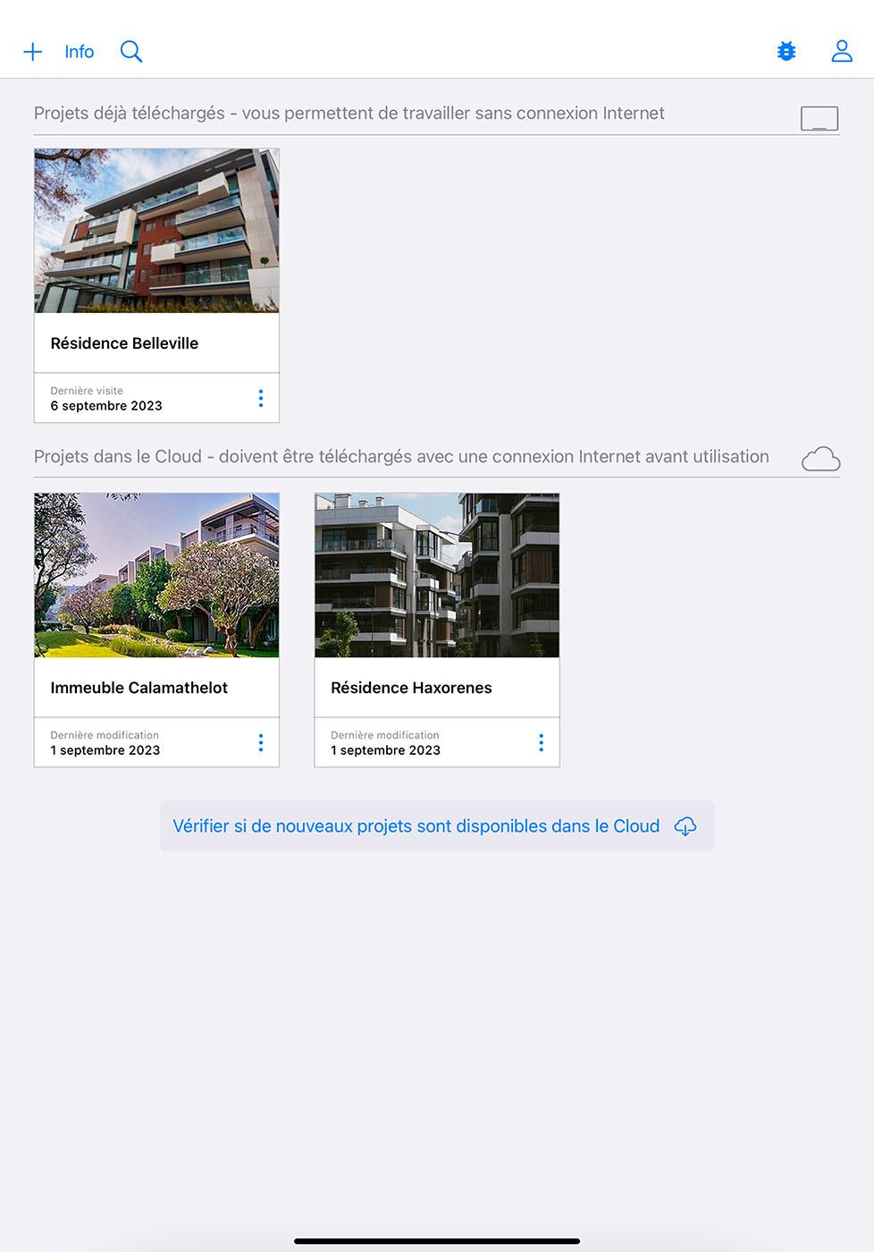 Archipad - Vue générale sur les différents projets (iPad)