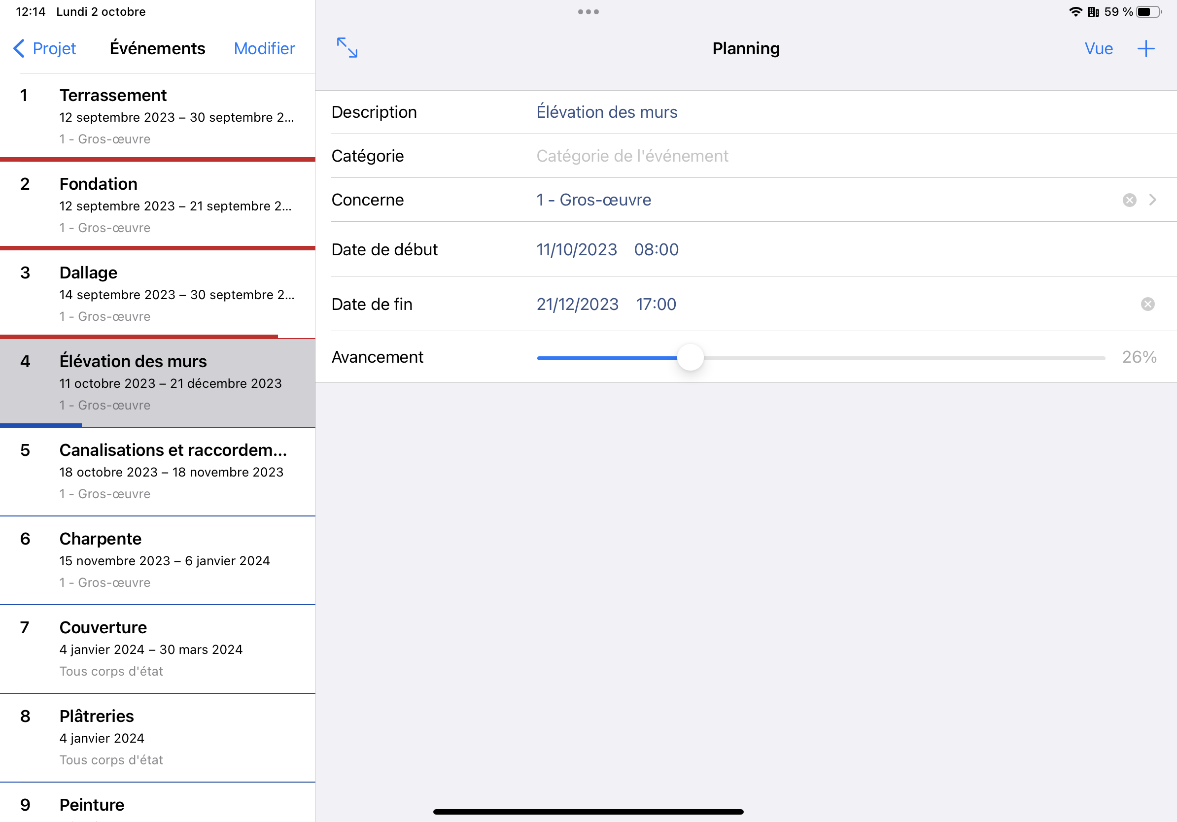 Archipad - Vue sur le planning (iPad)