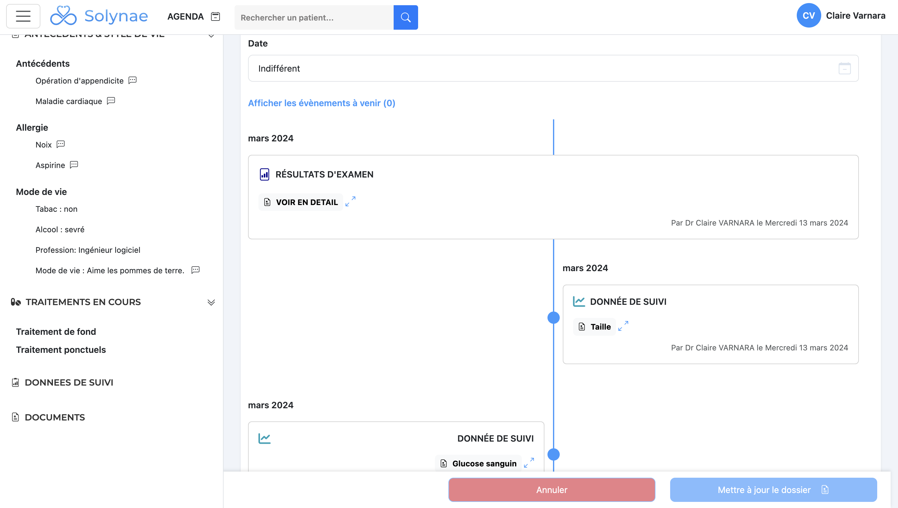 Solynae - Suivi complet des dossiers médicaux avec timeline, gestion des antécédents, des traitements en cours, et génération de documents médicaux.