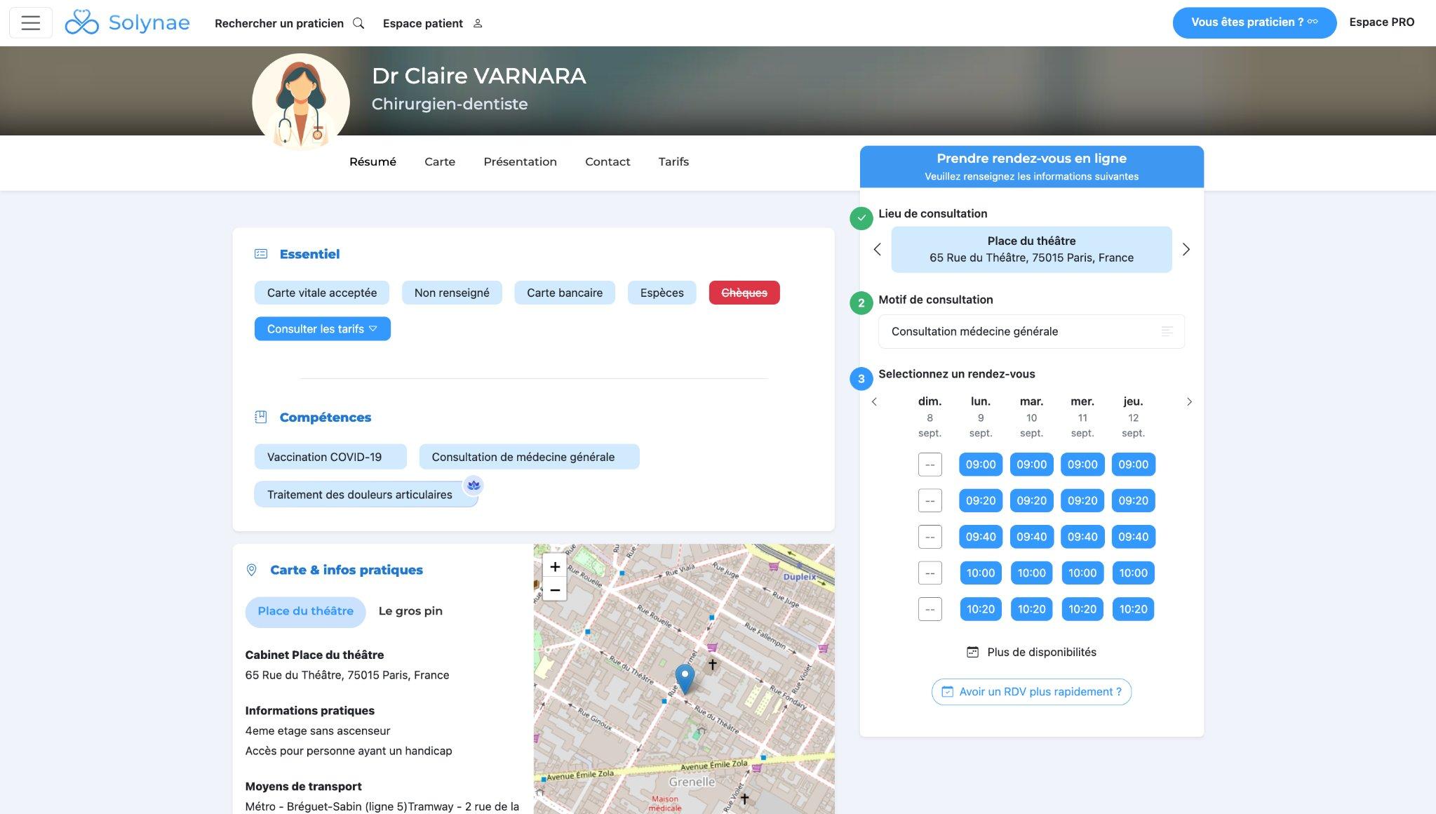 Solynae - Page professionnelle personnalisable pour chaque praticien, incluant les informations essentielles, les compétences, et les créneaux de rendez-vous disponibles.