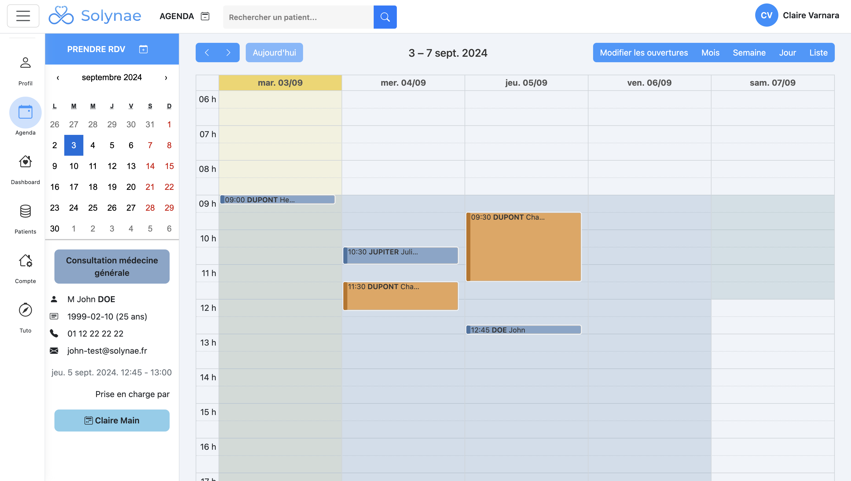 Solynae - Interface de l'agenda montrant la gestion complète des rendez-vous, avec visualisation claire des plages horaires et informations détaillées sur les patients.