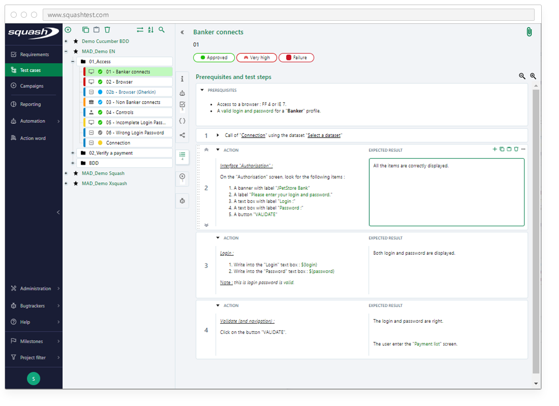 Squash - Add data test to your test steps.