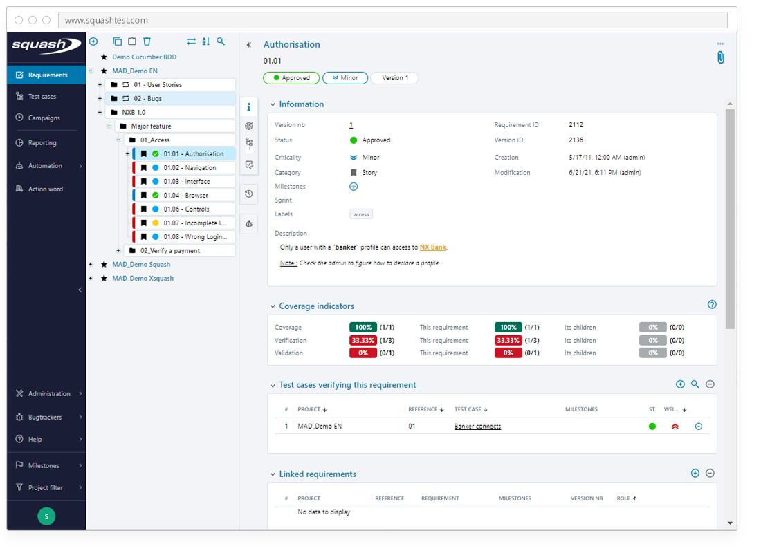 Squash - Define requirements and check their coverage by your test cases.