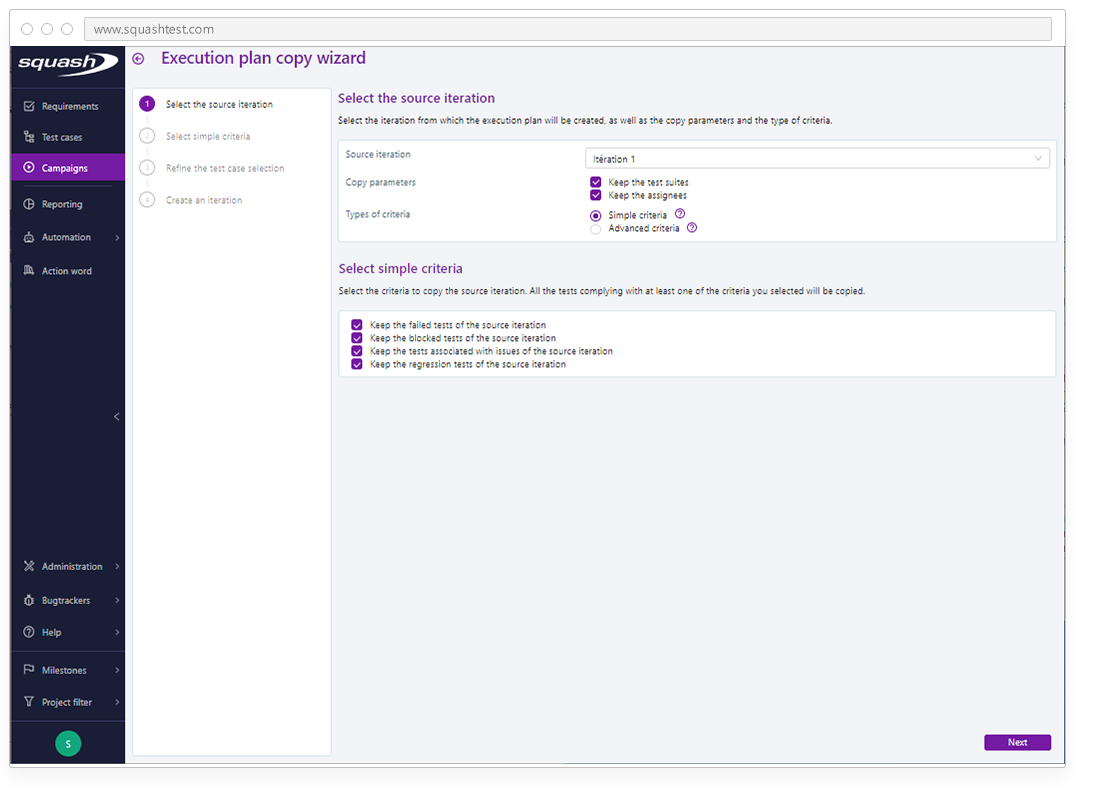 Squash - Create test campaigns thanks to dedicated wizard.