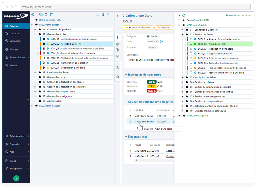 Squash - Interfacer les liens entre vos exigences et vos cas de test.