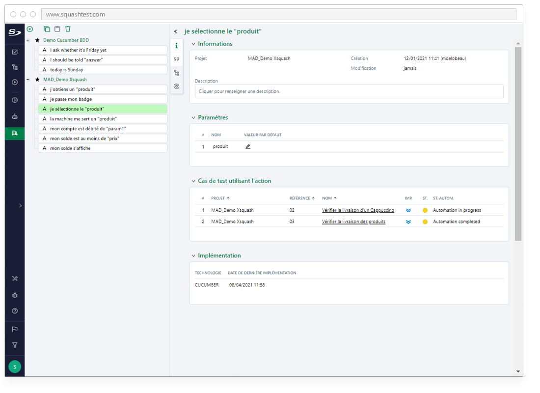 Squash - Bénéficier d'une bibliothèque d'actions pour écrire efficacement vos cas de test BDD.