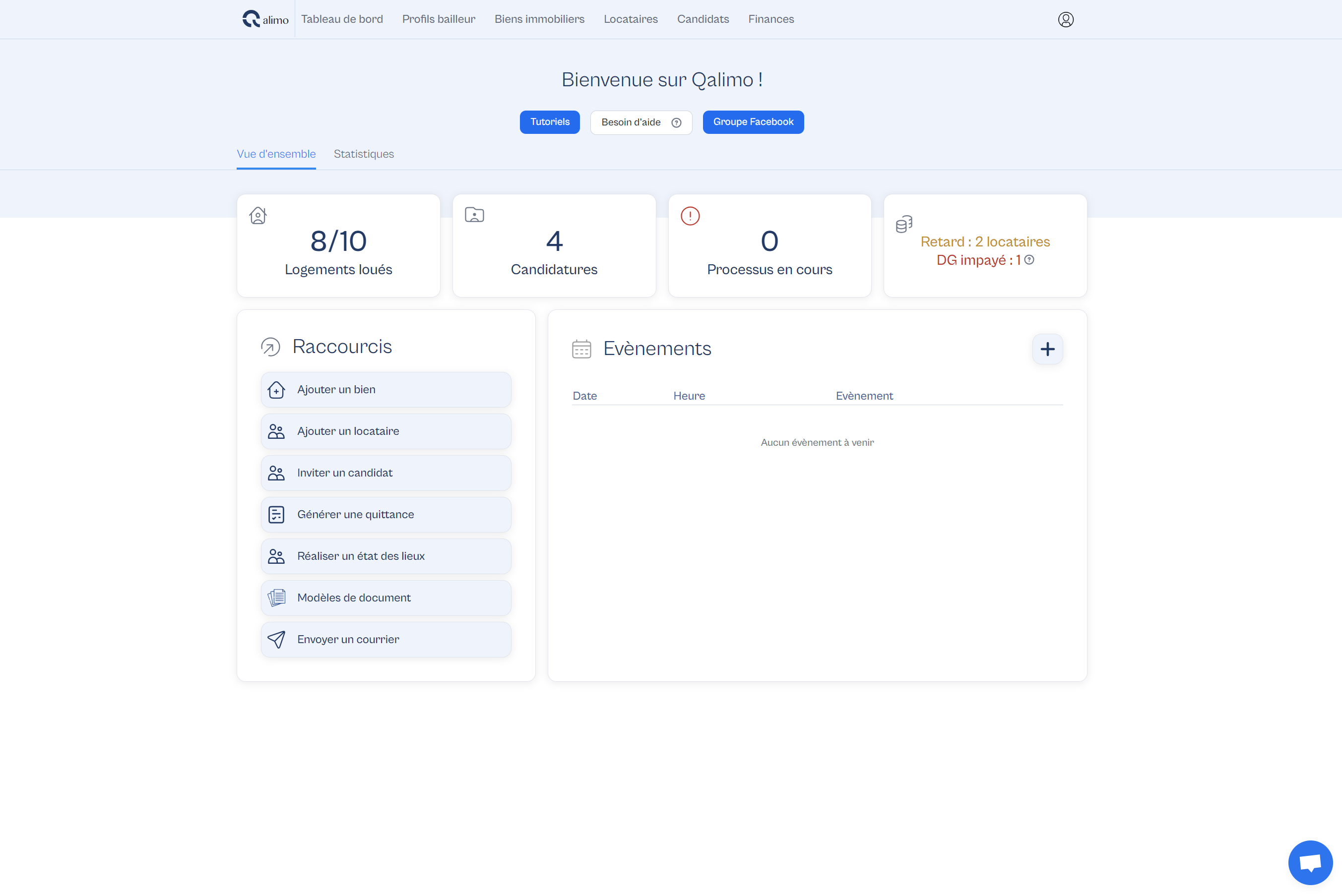 Qalimo - Tableau de bord - Menu principal