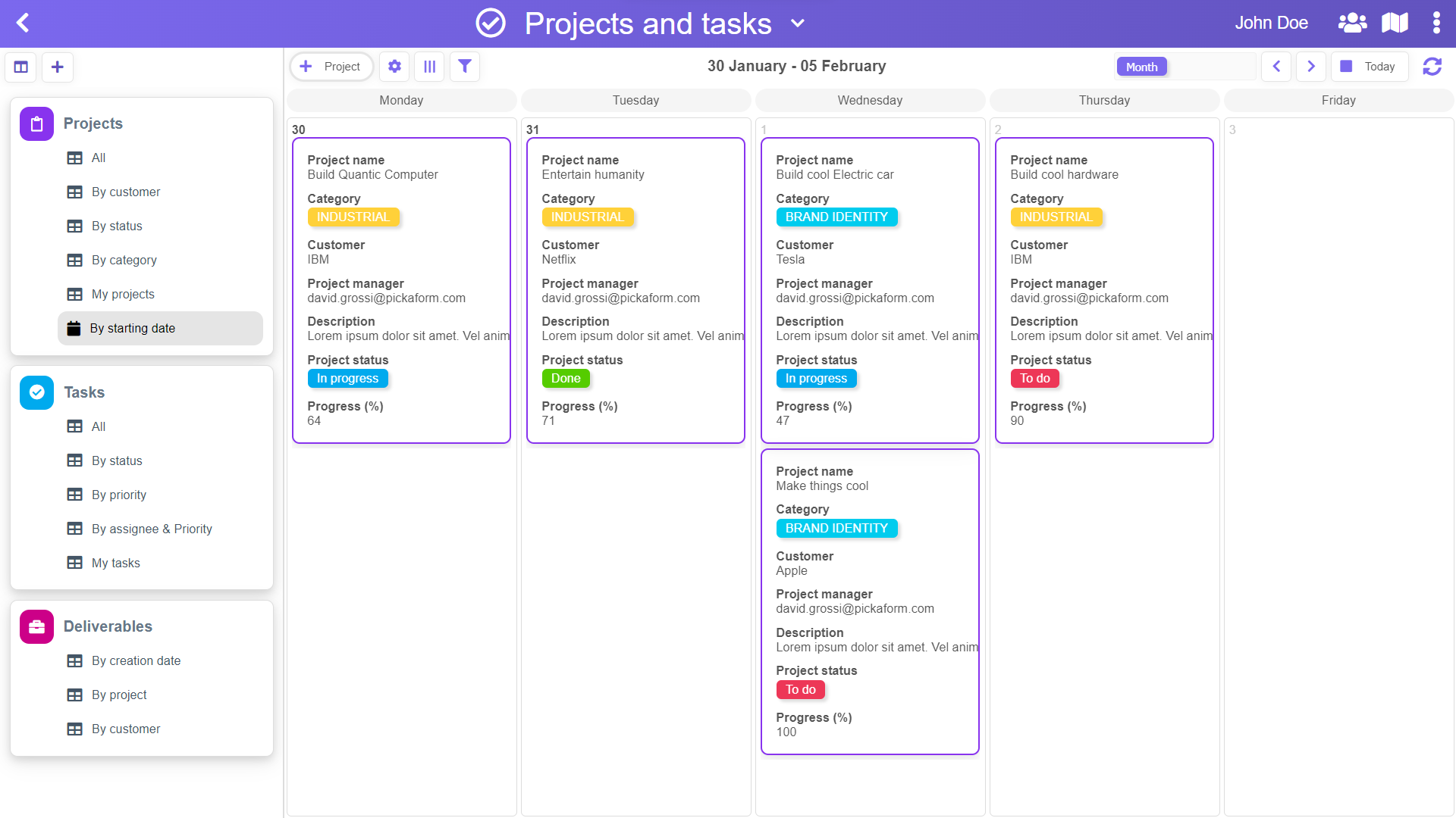 Pickaform - Exemple de vue Calendrier avec détail