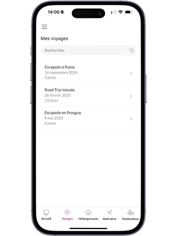 Voyages Planner - Tous les voyages passés ou à venir sont regroupés sur l'app