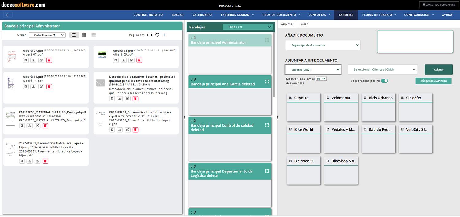 Doceo Store Virtual Office - Bandejas para añadir documentos: Agrega documentos rápidamente a los registros mediante bandejas de entrada.