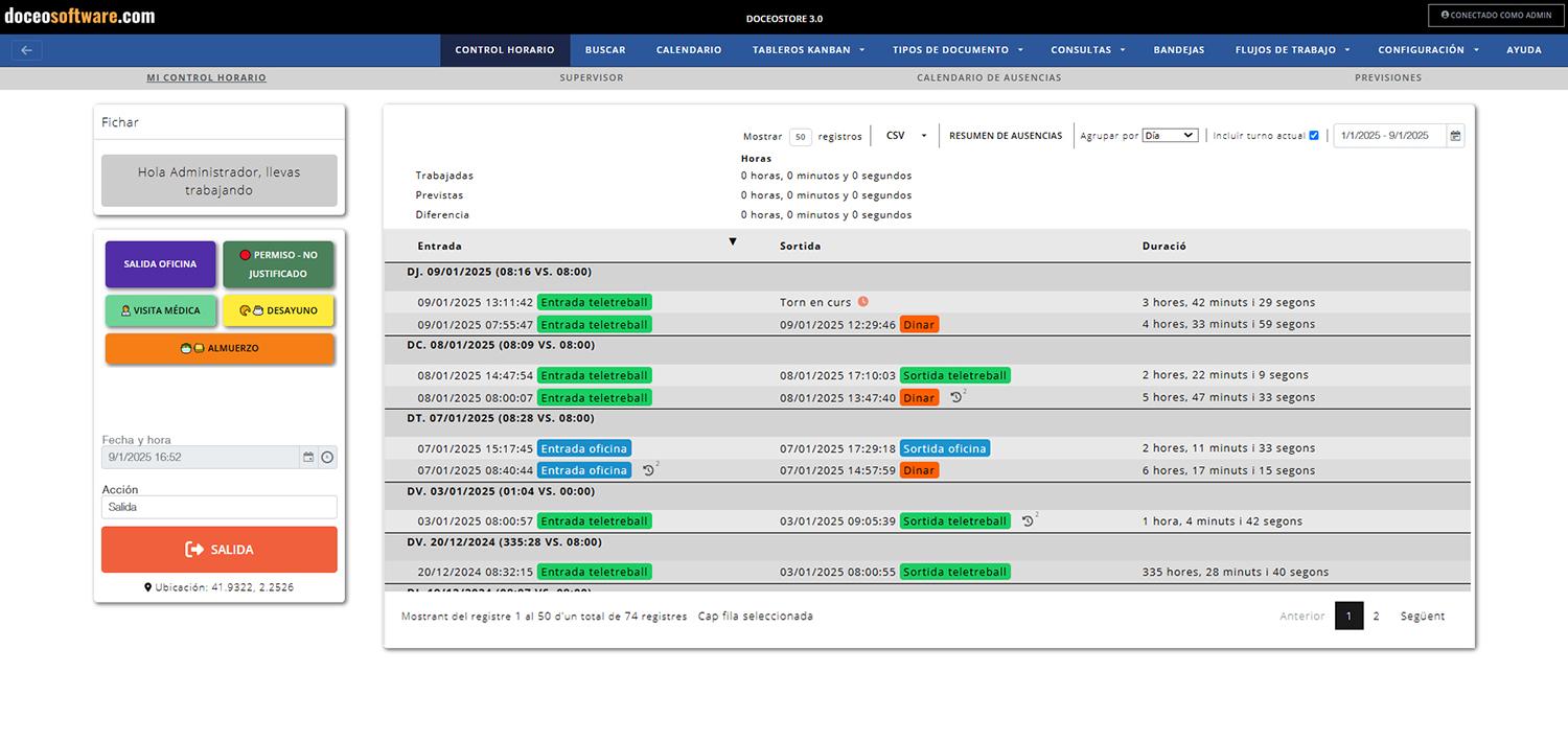 Doceo Store Virtual Office - Control horario desde PC: Gestión de tiempo fácil desde PC, con aplicación disponible para móvil y tablet.