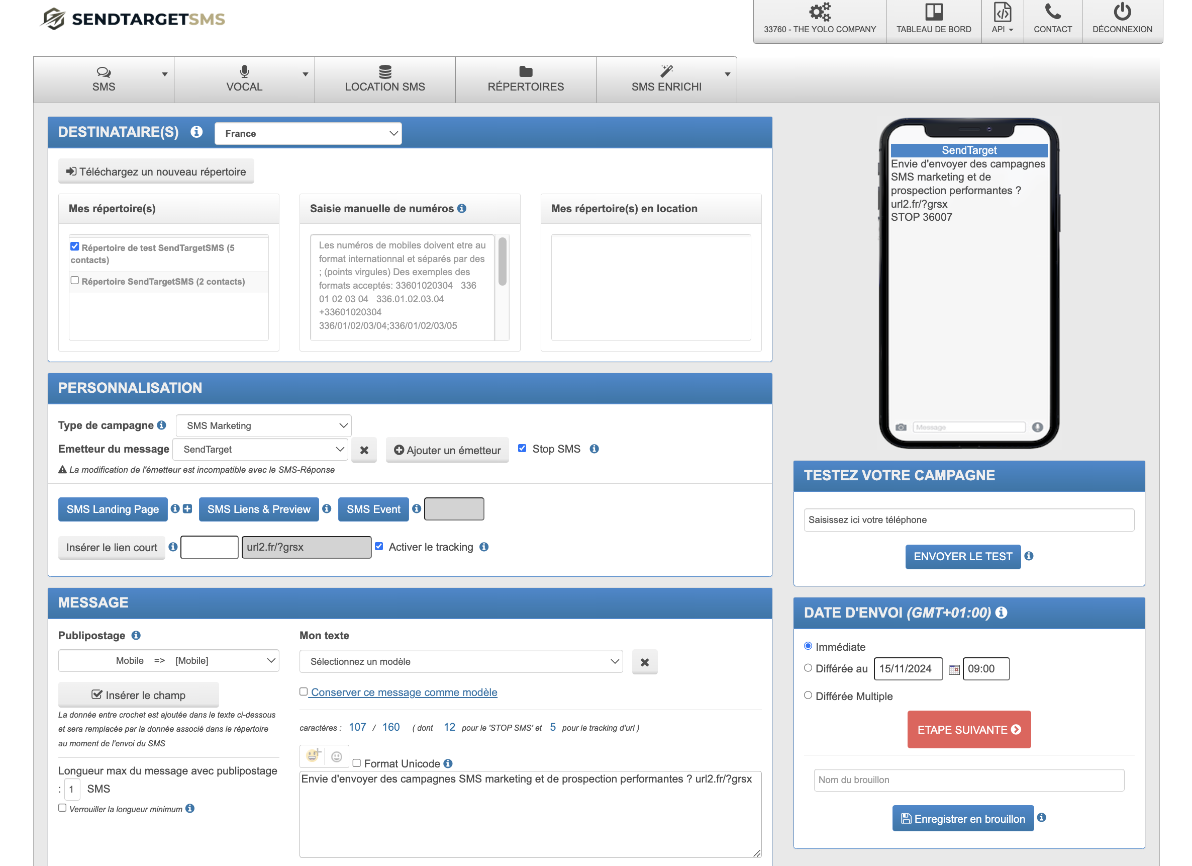 SendTargetSMS - Aperçu de l'interface de création d'une campagne SMS