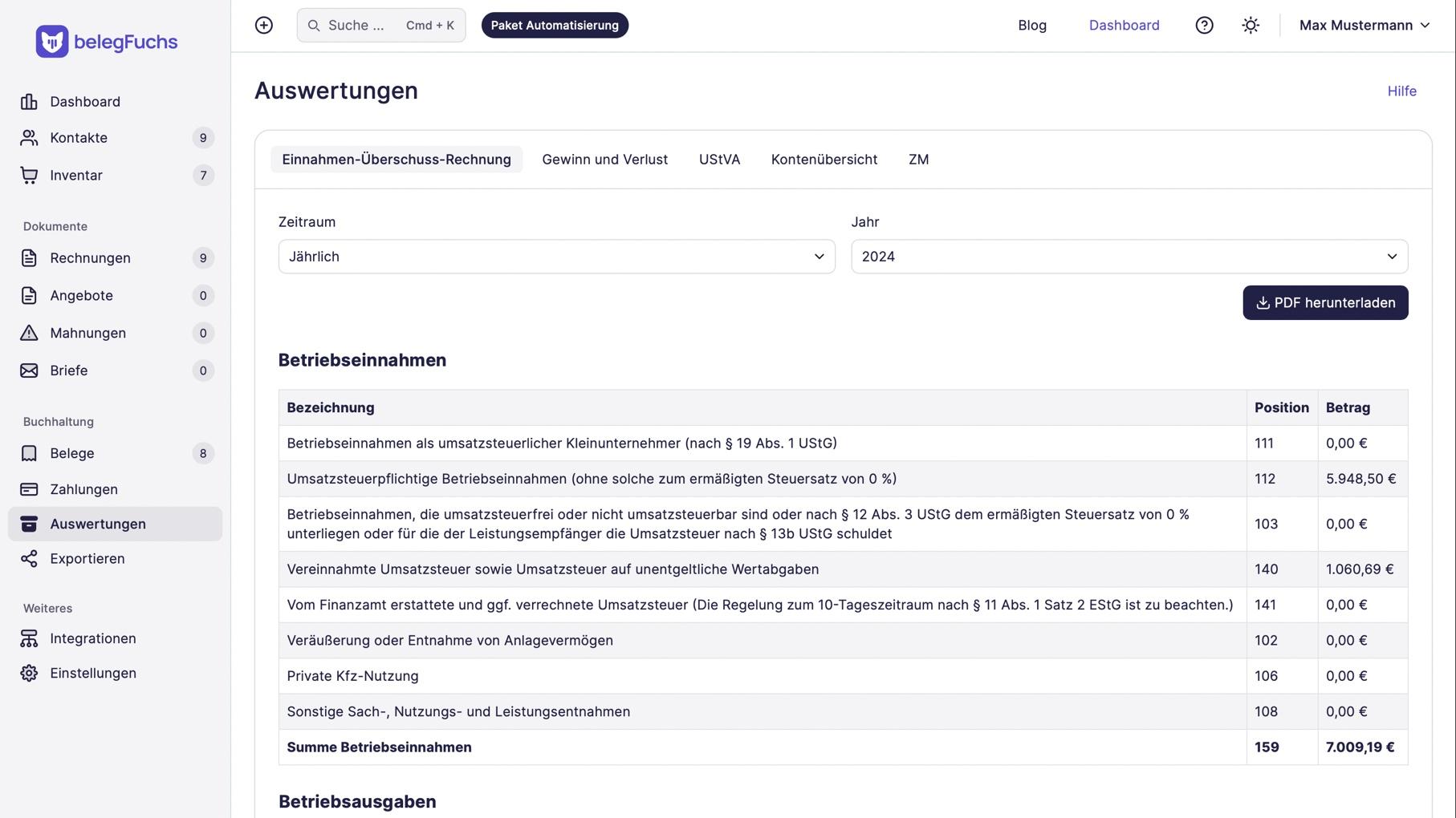 belegFuchs - Die automatische Einnahmenüberschussrechnung in belegFuchs