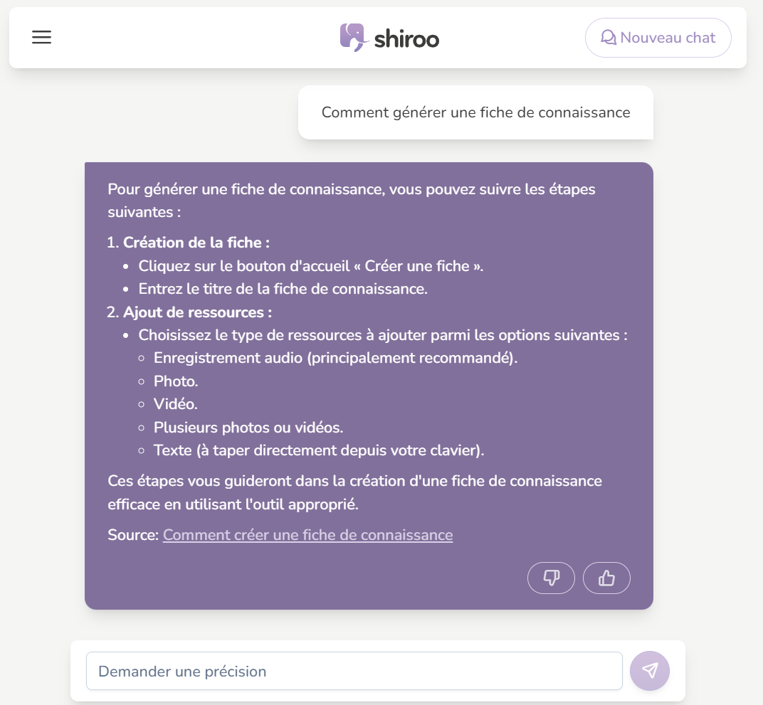 Shiroo - Diffusez vos connaissances et rendez les accessibles à tous les collaborateurs de l'organisation via un chatbot vocal et textuel.