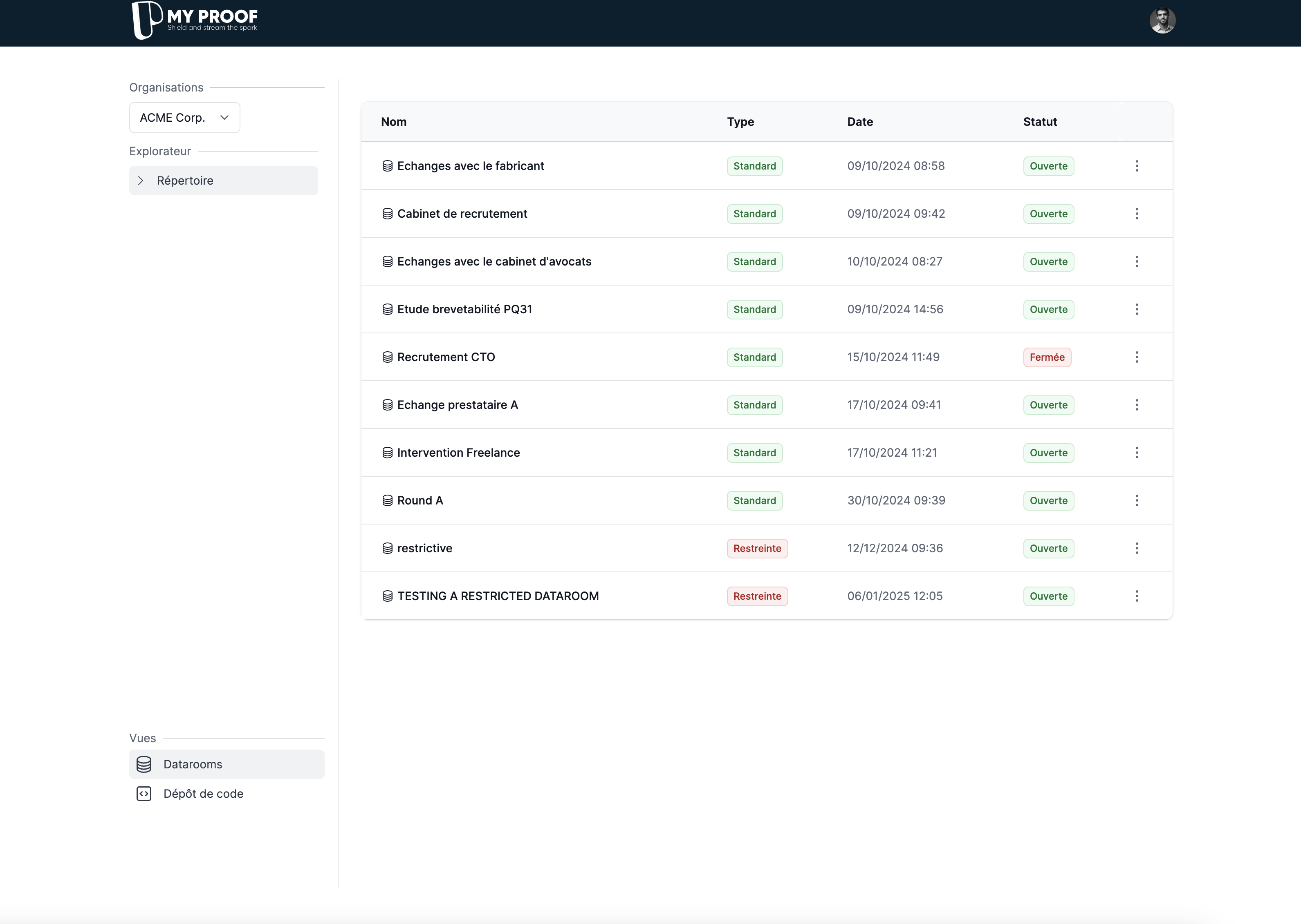 MyProof - Vue de toutes les datarooms ouvertes sur votre espace MyProof à un temps T