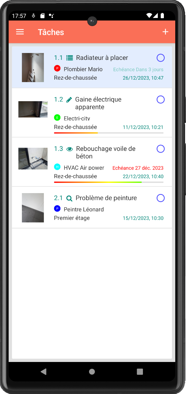 Touch2build - Vue mobile des tâches