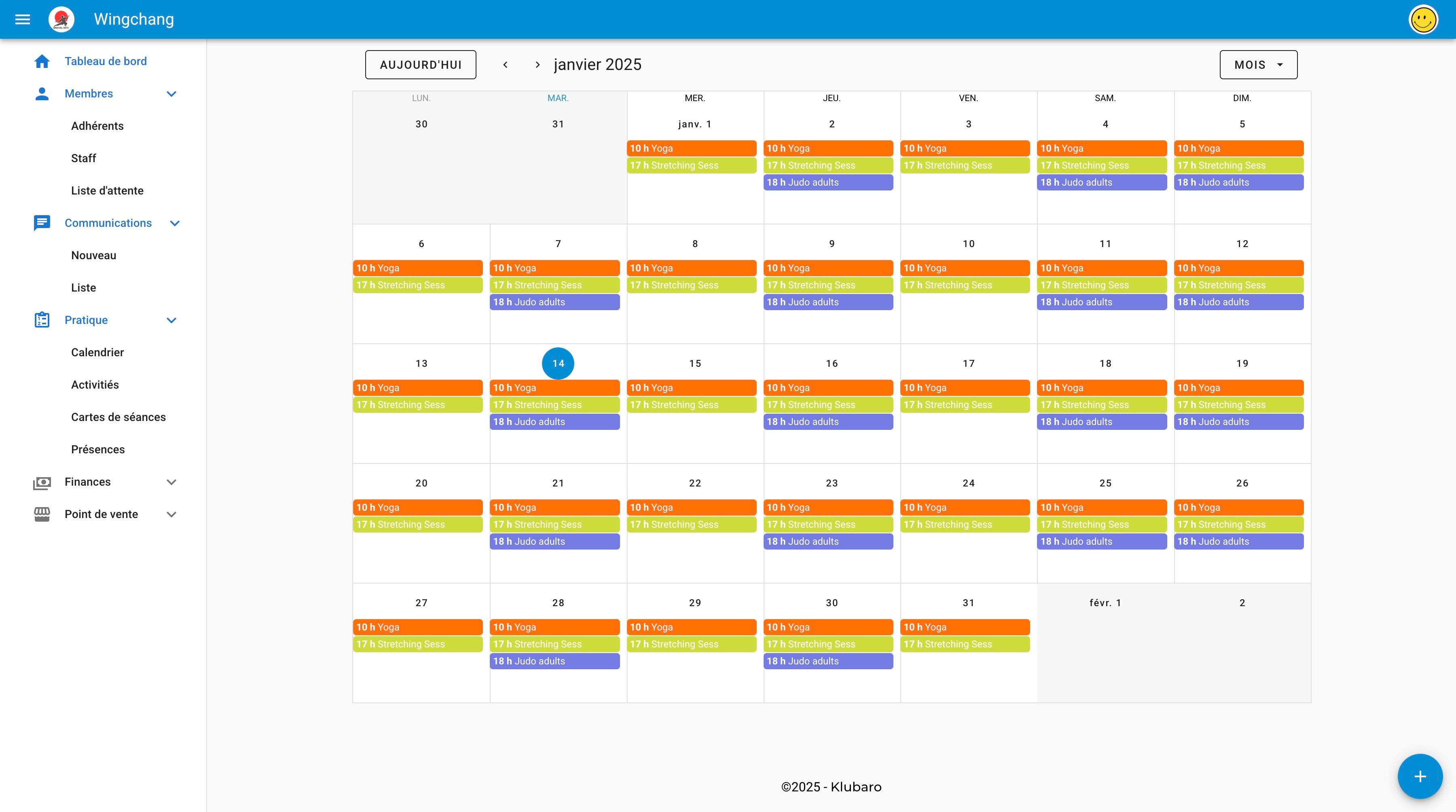 Klubaro - Vue calendrier des activites