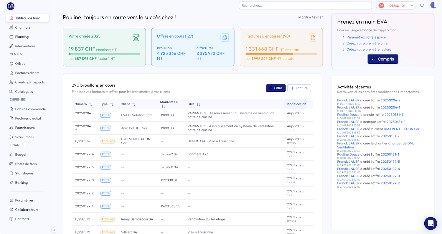 EVA-IT - Créez vos offres avec précision grâce à un outil de chiffrage structuré. Organisez vos offres par groupes et sous-groupes, détaillez chaque poste avec des lignes de chiffrage et obtenez des propositions claires et professionnelles.